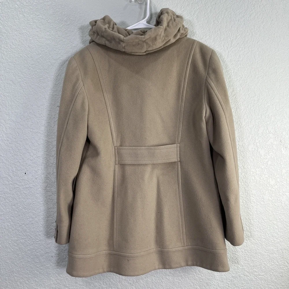 Perry Ellis Coat Women 6 Tan Wool Blend Ruffle Neck Pocket Utility Pea Coat Twee